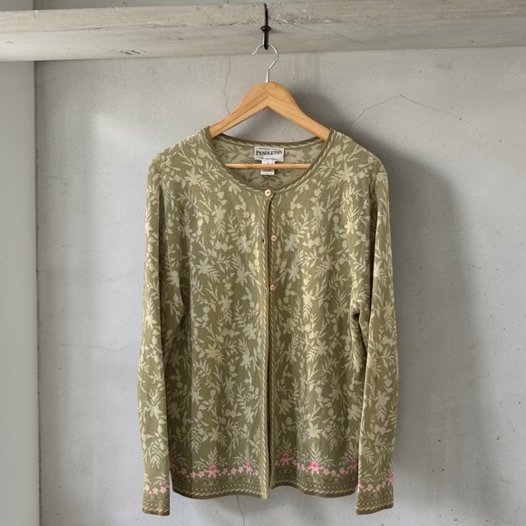 Pendleton Sweaters - Pendleton Olive Green Floral Jacquard Cardigan with Pink Accent! Large!